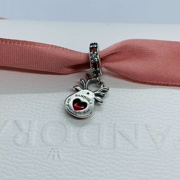Pandora Red Nose Reindeer Murano Dangle Charm "Let your light shine" Pendant - Picture 7 of 10